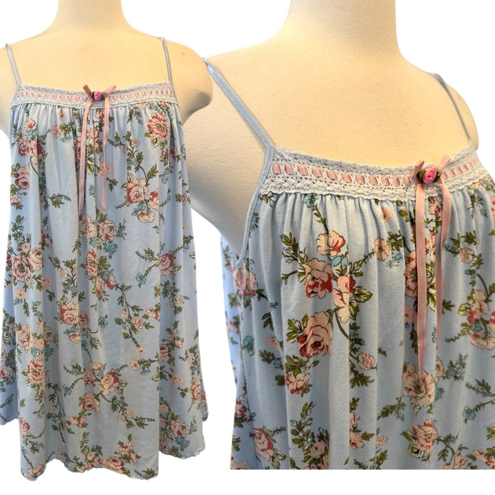🌺SOLD🌺 Victoria’s Secret Pastel Blue Knit Pink Floral Babydoll Vintage Slip Dres